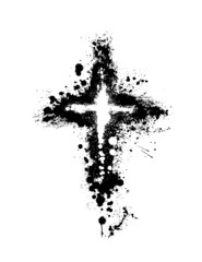 Hand drawn black grunge cross icon, simple Christian cross sign, hand-painted cross symbol created with real ink brush isolated on white background.