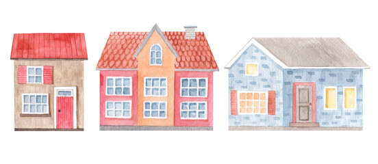 Fototapeta premium Watercolor cute rural red, blue house . Vintage hand-drawn illustration for postcard, poster, souvenir, kids cards, birthday, background, Greeting card, invitation.