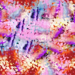 Messy summer tie dye batik beach wear pattern. Seamless colorful stain space dyed effect fashion. Washed out soft furnishing background. 