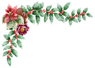 アナログ水彩ポインセチア西洋柊フレーム