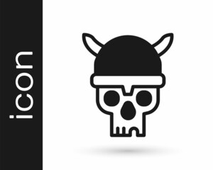 Black Skull with viking helmet icon isolated on white background. Happy Halloween party. Vector