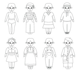 Cute dress paper doll.   Body template, outfit and accessories. Beautiful Toddler Girl in Underwear with set of clothes. 7 looks. Dress Up Game. Children coloring book page. Vector illustration