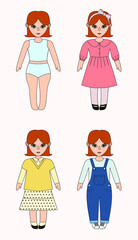 Cute dress paper redhead doll. Vector body template, outfit and accessories. Beautiful Toddler Girl in Underwear with set of clothes. 3 looks. Paper Doll for Dress Up Game. Isolated vector