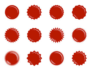 Set of round red stamps, badges and banners, vector illustration.