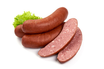 Smoked sausages, isolated on white background. High resolution image.