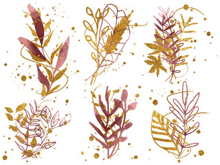 Watercolor plants with leaves and golden grasses. Background with floral elements, botanical watercolor illustration with gold splashes and decorated with gold ribbons. Design elements for cards, web