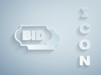 Paper cut Bid icon isolated on grey background. Auction bidding. Sale and buyers. Paper art style. Vector