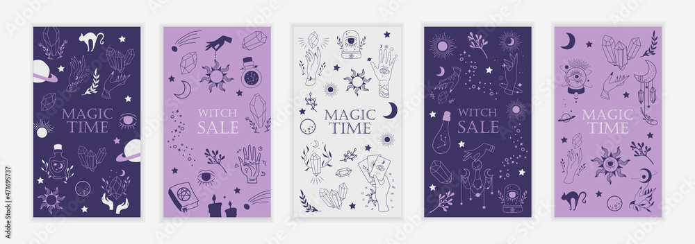 Wall mural set of mystical templates. elements of esoteric, occult, alchemical and witch symbols. cards with es