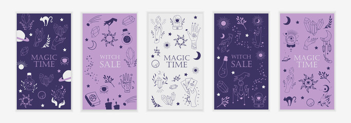 Set of mystical templates. Elements of esoteric, occult, alchemical and witch symbols. Cards with esoteric symbols. Silhouette of hands, stars, moon phases and crystals. Vector illustration