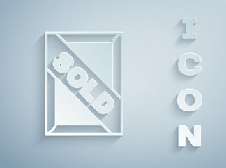 Paper cut Auction painting sold icon isolated on grey background. Auction bidding. Sale and buyers. Paper art style. Vector