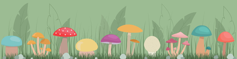 Vector horizontal cartoon pattern of edible and inedible mushrooms in the forest.