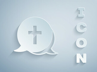 Paper cut Christian cross icon isolated on grey background. Church cross. Paper art style. Vector