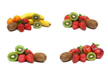 ripe strawberries and other fruits on a white background