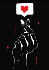 Like. Korean heart sign. Finger love symbol. I love you hand gesture. Vector illustration. Self love. Korean heart design for print greeting cards, banner, poster