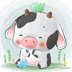 cute watercolor cow with bird can be used for greeting cards, party invitations and baby shower