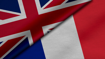 3D Rendering of two flags from United Kingdom or Britain and French Republic together with fabric texture, bilateral relations, peace and conflict between countries, great for background - obrazy, fototapety, plakaty