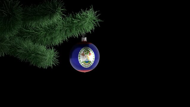 New Year's ball with the flag of Belize on a Christmas tree branch in looped animation on a transparent background (alfa chanel). Christmas and New Year concept.