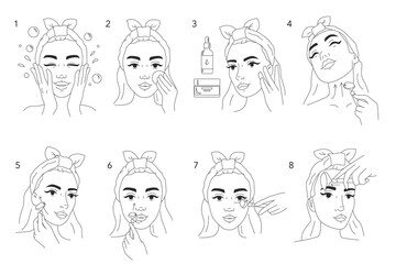 Facial massage step by step guide with quartz or jade roller. Skin care home procedure. Use for package for beauty tool. Vector stock outline illustration.
