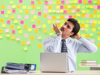 Man in the office with many conflicting priorities doing exercis