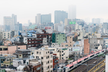 Tokyo, Japan Shinjuku cityscape view buildings on cloudy grey mist fog overcast day with many houses and red metro train with tracks