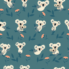 Vector seamless pattern with cute koala bears and floral element. Bright childish texture with funny animals, leaves, flowers. Print foe kids textile.