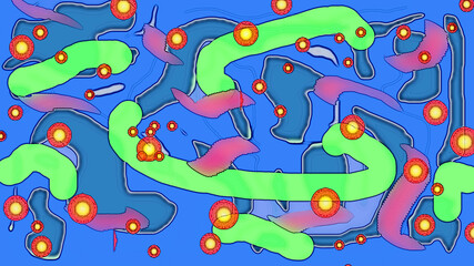 Wallpaper abstraction in multicolored shades, golden balls 