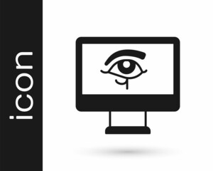 Black Eye of Horus on monitor icon isolated on white background. Ancient Egyptian goddess Wedjet symbol of protection, royal power and good health. Vector