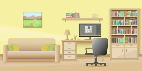 Business, work, education and study. Remote work and study. A vector image of a home office with a desk, a computer, books, a bookcase and a sofa on a yellow background. Posters in vector.