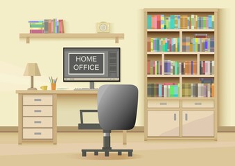 Business, work, education and study. Remote work and study. A vector image of a home office with a desk, a computer, books, a bookcase on a yellow background. Posters in vector.