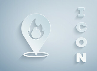 Paper cut Map pointer with fire flame icon isolated on grey background. Fire nearby. Paper art style. Vector