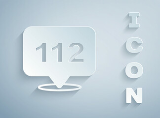 Paper cut Telephone with emergency call 911 icon isolated on grey background. Police, ambulance, fire department, call, phone. Paper art style. Vector