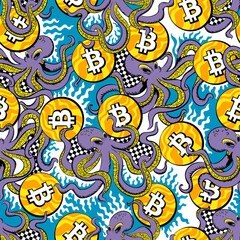 Amazing seamless pattern with octopuses juggling bitcoins