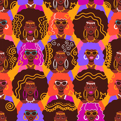 Fototapeta na wymiar African American beauties with different hairstyles and colorful traditional elements. Seamless pattern