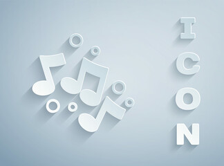 Paper cut Music note, tone icon isolated on grey background. Paper art style. Vector