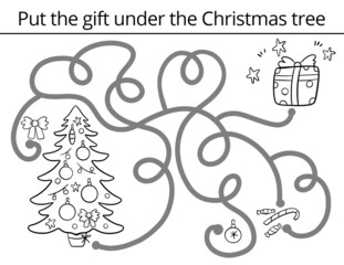 Christmas maze for coloring book. Simple new year maze for kids.