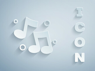 Paper cut Music note, tone icon isolated on grey background. Paper art style. Vector