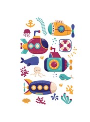 Submarines and marine inhabitants. Coloring. Designed for printing, fabrics, textiles, postcards. Marine print. Submarine. Vector illustration