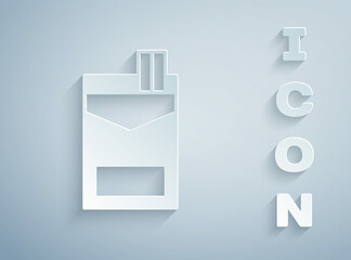 Paper cut Cigarettes pack box icon isolated on grey background. Cigarettes pack. Paper art style. Vector