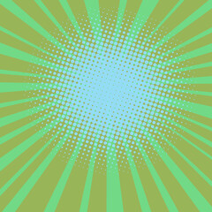 green rays pop art halftone background. Comic starburst pattern. Cartoon banner with dots and rays. Vintage duotone texture. Vector illustration wow design