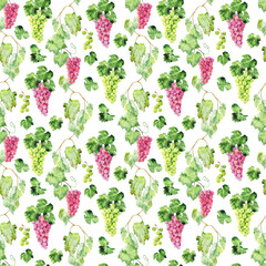 Watercolor seamless pattern with wine products, grape brushes, branches and leaves of various grape varieties