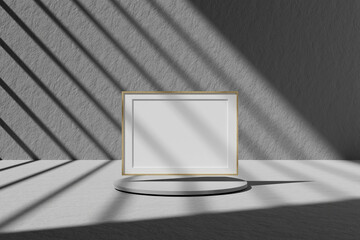 Horizontal wooden poster or photo frame mockup on top of the podium with window shadow. 3D rendering.