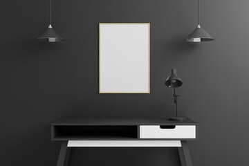 Vertical wooden poster or photo frame mockup with table in living room interior on empty black wall background. 3D rendering.