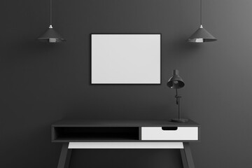 Black horizontal poster or photo frame mockup with table in living room interior on empty black wall background. 3D rendering.