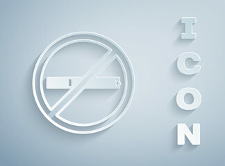 Paper cut No smoking icon isolated on grey background. Cigarette smoking prohibited sign. Paper art style. Vector