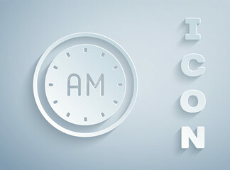 Paper cut Morning time icon isolated on grey background. Time symbol. Paper art style. Vector