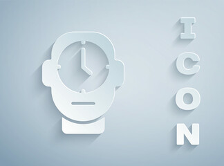 Paper cut Clock icon isolated on grey background. Time symbol. Paper art style. Vector
