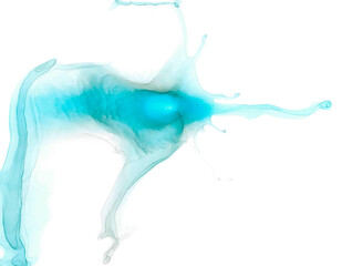 Abstract watercolor illustration in fluid art technique. Graceful thin-wavy texture and delicate blue-azure gradient. Stylized image of exotic tropical fish. Aerial pattern for creative wallpaper.