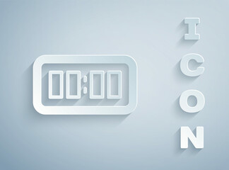 Paper cut Digital alarm clock icon isolated on grey background. Electronic watch alarm clock. Time icon. Paper art style. Vector