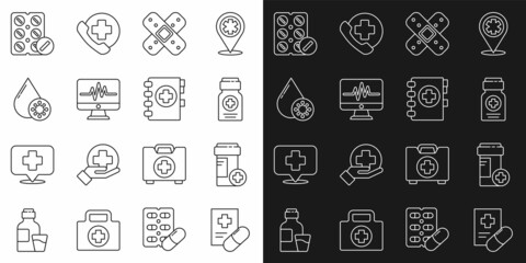 Set line Medical prescription, Medicine bottle, Crossed bandage plaster, Monitor with cardiogram, Blood test virus, Pills blister pack and clipboard icon. Vector