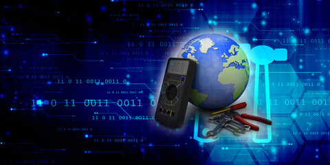 3d illustration Digital electronics multi meter with screwdriver and cutting player near wrench spanner